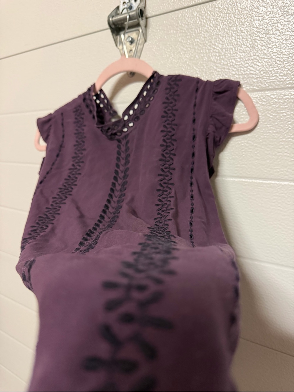 LOFT Plum Embroidered Cap-Sleeve Top
